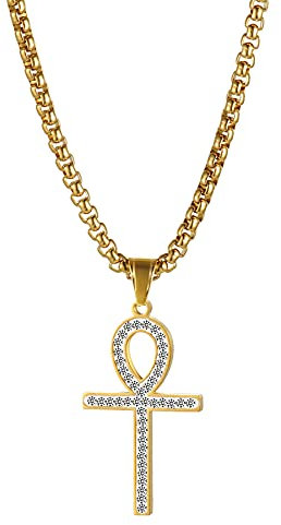 JewelryWe Ankh Kreuz Halskette Herren: Gold Edelstahl Ägypten Anch o. Ankh Kreuz Anhänger Kette mit Zirkonia Ägyptisches Symbol Amulett Schmuck Geschenk für Männer Frauen