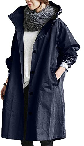 Sllowwa Trench lungo da donna, alla moda, con cappuccio, monopetto, spolverino, elegante, esteso al ginocchio, antivento, trench per primavera e autunno, con cappuccio, Marina Militare, 4XL