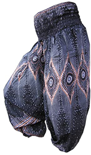 PANASIAM Aladinhose Damen & Herren 2in1 - Haremshose & Jumpsuit - 2 Längen | Unisex Pumphose 100% Viskose, breiter Bund, Design Pfauenauge, L & XL bis 2m Körpergröße, Goa Hose für Yoga & Freizeit