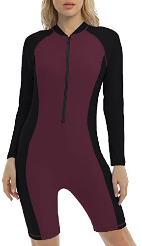 Halcurt Langarm Rash Guard Badeanzug Damen Zip Front Boyleg Surf Shirt XL Burgund/Schwarz