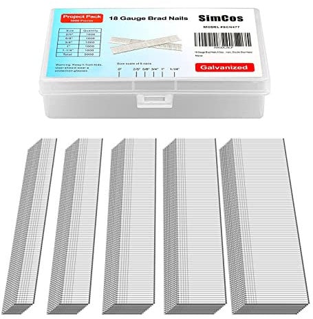 SimCos 5000 pcs 18 Gauge Brad Nails (2/5,5/8,3/4,1,1-1/4 inch) Galvanized 18 GA Nail Gun Nails Assorted and Small Finishing Nails for Pneumatic, Electric Brad Nailer(Two Kinds of Package Box)