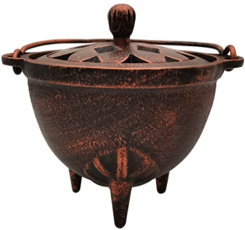 YIMIFLA Incense Burner Holder with Lid and Handle Cast Iron Cauldron 4.9 Frankincense Resin Charcoal Incense Burner Great for Yoga, Spa Aromatherapy, Smudging, Ritual & Blessings (Red Bronze)