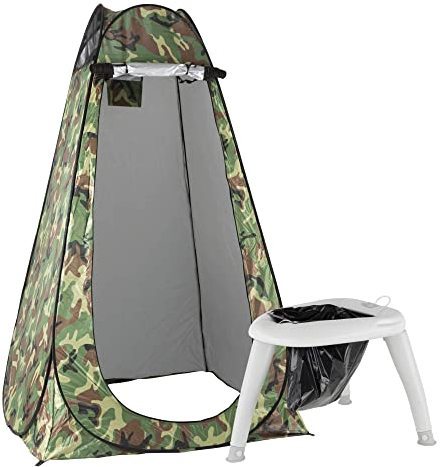 Stagecaptain Quixie Privacy Toilet Set - Festival- und Reisetoilette mit Sichtschutz-Zelt - Für Kinder und Erwachsene - Mit Handwaschsprayer - Inklusive 10 Auffangbeutel - Camouflage