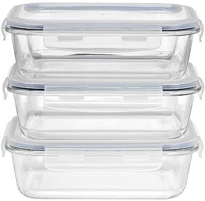 HOCHSTE Airtight Glass Food Containers with Lids - 3-Pack, 100% Leak Proof BPA Free Food Storage Containers with Locking Lids - Freezer to Oven Safe - Takeaway Containers - 3 Pack Blue - 1050 ml