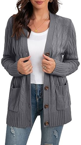 GRECERELLE Women's Knit Long Cardigans Jumpers Cardigan with Pockets with Buttons Ladies Loose Long Sleeve Knitwear Oversized Sweater Cardigan for Autumn Winter Spring (Dark Grey, M)