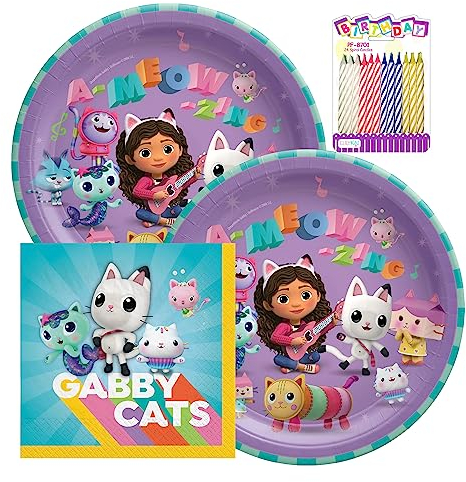Gabby's Dollhouse Assiettes et serviettes de table de 22,9 cm pour 16 personnes – Durable, anti-fuite, résistant aux coupures – Fournitures de fête pour tout-petits, filles, enfants – Décorations de