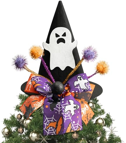 Zainpe Weihnachtsbaumspitze für Weihnachten, Halloween, Geistermuster, schwarzer Filz-Zaubererhut mit violett-orangefarbener Schleife, verstellbare Glitzer-Pompons, saisonale Urlaubsdekoration,