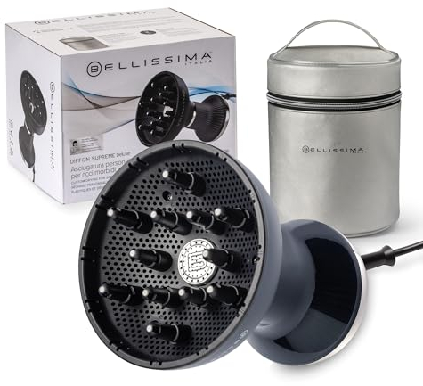 Bellissima Diffon Supreme Deluxe, Difusor de Aire Caliente para Cabello Rizado, Tecnología Cerámica y Queratina, Difusor XL, 3 Temperaturas y Ionizador, Secado Suave, bolsa de belleza, Negro Y Plata