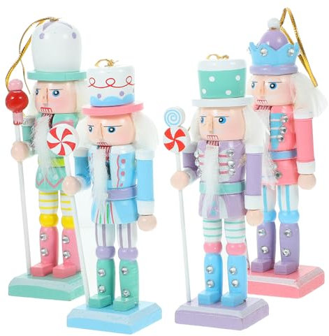 Toyvian Christmas Candy Nutcracker Ornaments, 4pcs Pink Candy Cane Wooden Pastel Nutcracker Soldier Figures Traditional Holiday Nutcrackers Christmas Tree Hanging Pendant present 12CM