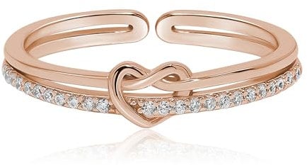 Meissa Sterling Silver Rings for Women Adjustable Love Heart Knot Statement Ring Gold Plated Open Back Finger Ring Crossed Ring with Cubic Zirconia (Rose Gold)