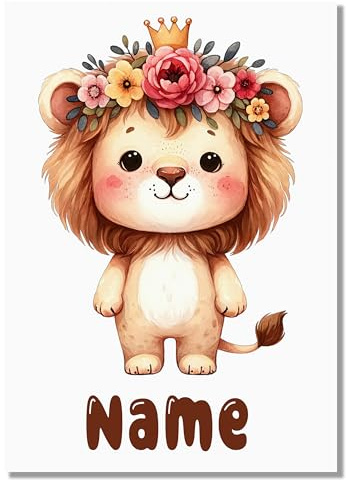 GRAZDesign Wandbild Kinderzimmer Löwe mit Namen personalisiert - Süße Dschungel Tiere mit Blumen auf A4 Bilder Babyzimmer Deko Mädchen & Junge