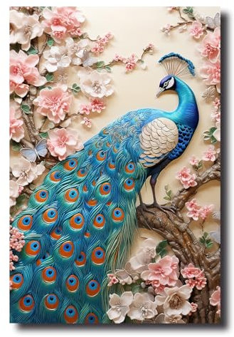 LZIMU Pfauen Leinwand Bilder blaue Pfauenfeder Malerei Drucke elegante Blumen Tierbild Vintage Kunstwerk für Schlafzimmer Wohnzimmer (Bild-3, (30.00 x 45.00 cms))