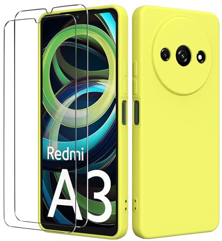 binandteam Coque pour Xiaomi Redmi A3 4G (6.71) avec 2 Verre Trempé Protection écran,Housse Liquide Souple en Silicone TPU Antichoc Bumper Étuis Anti Rayures Case Cover - Jaune