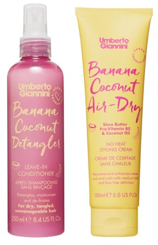 Umberto Giannini Banana Coconut Air Dry Cream Curl Cream 150ml and Banana Coconut Detangler Lightweight Detangler - Leave in Conditioning Spray 250ml
