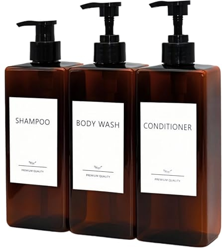 Abriclo 3 Stück Shampoo Flaschen Zum Befullen, 500ml Duschgel Spender Shampoo Spender für Dusche Badezimmer Pumpflasche Lotionsspender mit 6er Wasserdichten Etiketten- Braun