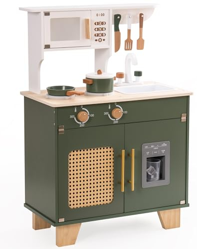 ROBOTIME Cocina de juguete retro de madera para niños, incluye microondas, dispensador de cubitos de hielo, taquilla de red de ratán y utensilios de cocina realistas, verde vintage, adecuado para