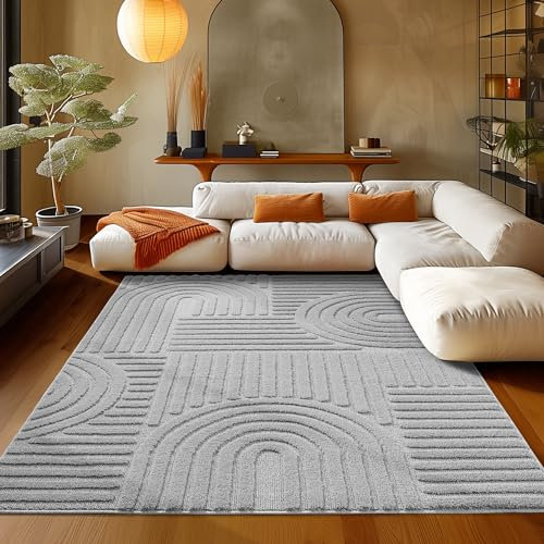 Teppium Tapis de salon à poils courts - 120 x 170 cm - Gris - Très profond - Effet 3D - Moelleux et extra doux - Lavable - Motif bohème