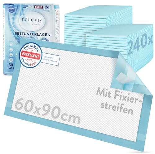 Harmony Care® 60 x Protectores de Cama con Tiras de fijación – 60 x 90 cm absorbentes – Almohadillas Antideslizantes Desechables para incontinencia