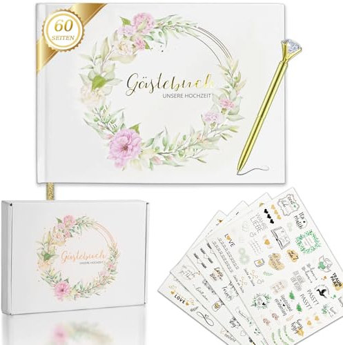 Aolawco Gästebuch Hochzeit mit Stifte + 4 Sticker, Goldfolienveredelung, 120 Seiten Gästebuch Blanko, Hochzeitsalbum, für Gastgeschenke Hochzeit & Hochzeitsdeko & Hochzeitsspiele
