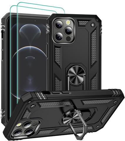 Pilaru for iPhone 12 Case,iPhone 12 Pro Case with HD Screen Protector, [Military Grade 16ft. Drop Tested],Magnetic Ring Kickstand Car Mount Protective Cover for iPhone 12/12 Pro,Black