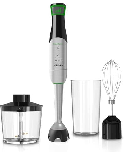 Rohnson BlendMaster Frullatore a Immersione R-5750 - Mixer Cucina 1500W, Tecnologia Vario-Blade e Controllo di Profondità, Include Frusta, Bicchiere Graduato e Contenitore Tritatutto, Cavo a Spirale