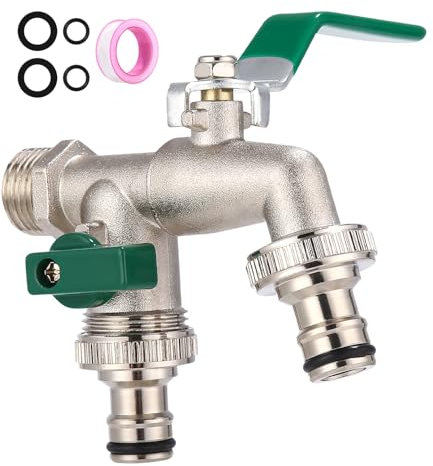 FAOKZE rubinetto doppio giardino da 1/2 pollice, rubinetto giardino con 2X 3/4 di pollice, rubinetto doppio da giardino a prova di gelo, per giardino, casa, industria (verde) (3/4)
