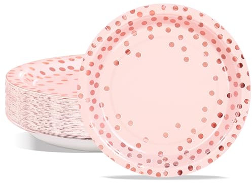 PYAILI Party Paper Plates, 50-Pack Disposable Pink and Rose Gold Plates, Foil Polka Dots, 23 Centimetres-9 Inch
