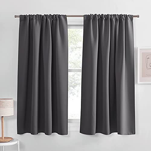 PONY DANCE Bedroom Blackout Curtains 54 Inch Length - Rod Pocket Grey Short Thermal Curtains & Drapes for Window, Room Darking Drapes with no Light for Kitchen, 52 x 54 Inches, Gray, 2 Panels
