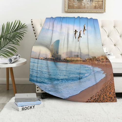 MAAPCHP Kuscheldecke Flauschig Decke Fleecedecke Strand von Barceloneta in Barcelona mi Wohndecke Warm Winter Weich,Decke Couch Blanket,Wohn- & Kuscheldecken 150 x 200 cm,Sofa überwurfdecke
