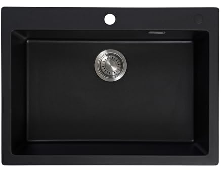 JASSFERRY Black Composite Kitchen Sink 700 x 509mm, Inset Quartz Sinks, Drop-in Deep Single Bowl with Waste Strainer Kit
