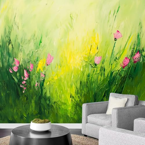 LUPAXA 3D Photo Wallpaper Retro 80S Green 366x254cm，Abstract Plants and Flowers Wall Mural Silk Wall Decor Art for Living Room Bedroom