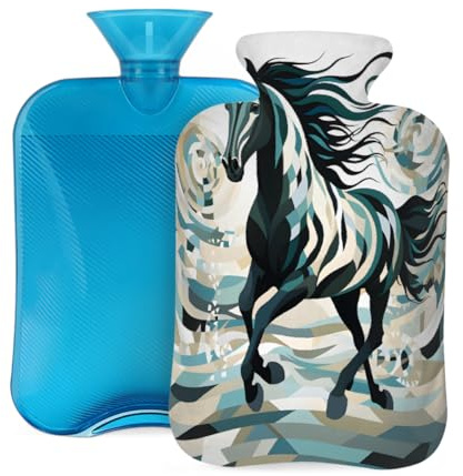 Ethnic Animal Horse Hot Water Bottle with Cover, 2L PVC Hot Water Bag with Soft Cover, Reusable Heating Pad for Pain Relief Warm Hands Waist Abdomen Feet & Bed