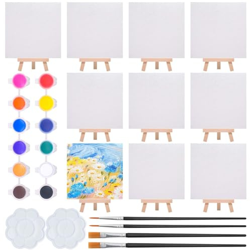 Annickee 10Pcs Mini Canvas and Easel Set,15 x 15cm Small Canvases Painting | Blank Canvas Folding Wooden Easel, with 12 Acrylic Paint/4 Paint Brushes/2 Palette, for Artists Art Party, Hobby Class