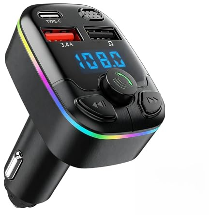 Bluetooth Voiture Transmetteur FM 5.3, Allume - Cigare Bluetooth Émetteur Radio, Charge Rapide USB Type-C 5V/3.1A, Radio Lecteur de Musique MP3, Appels Mains Libres, Support Carte TF/USB
