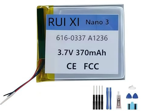 RUI XI Batería compatible con iPod Nano 3 Nano3 MP3 8GB 4GB MP4 616-0337 370mAh 3.7V batería A1236