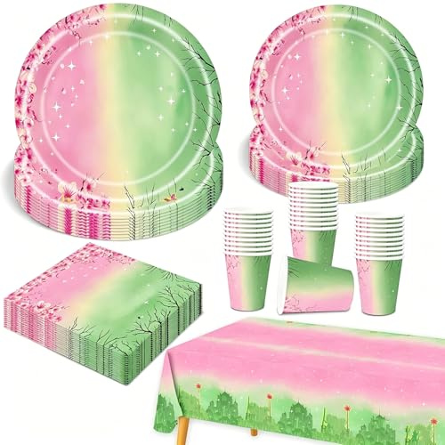 51Pcs Pink & Green Party Decorations, Party Supplies Tableware Set Movie Theme Birthday Decorations Included Plates Cups and Napkins Table Cloth Banner for 10 Guests Boys Girls Chrildren