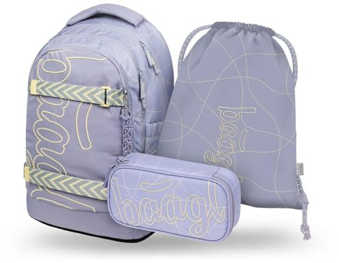 Baagl Schulrucksack Set Mädchen Teenager 3 Teilig Skate MAX 30l - Mishmash | Der ergonomische Schulranzen und die Schultasche ab 3. Klasse mit Brustgurt bieten einen mitwachsenden Komfort für Teenager.