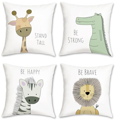 Bonhause 4er Set Kissenbezüge Kinder Tiere 40 x 40 cm Giraffe Zebra Löwe Krokodil Samt Soft Dekorative Kissenhülle Zierkissenbezüge für Kinder Babyzimmer Dekoration