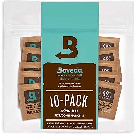 Boveda für Zigarren/Tabak | 2-Wege-Feuchtigkeitsregulierung mit 69% relativer Feuchtigkeit | Größe 8 für bis zu 5 Zigarren | patentierte Technologie für Zigarren-Humidore | 10 Stück
