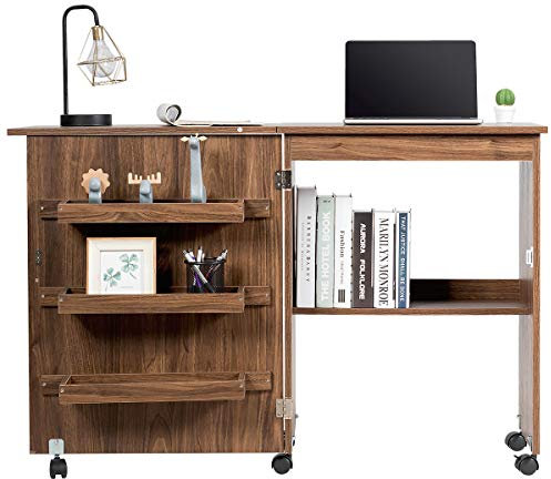 DREAMADE Nähtisch Nähmaschinenschrank Faltbar, Nähschrank Nähmöbel, Mehrzwecktisch mit 4 Rollen (Braun)