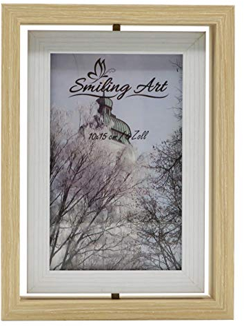 Smiling Art Cadre photo pivotant, cadre double pour 2 photos en bois MDF avec verre en format paysage et portrait à poser (Beige + Blanc, 10 x 15 cm)