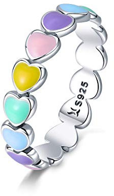 Lorrifal 925 Sterling Silber Weißvergoldet Regenbogen Herz Statement Ring Schmuck Geschenk für Frauen Mädchen Jahrestag Ringgröße 7