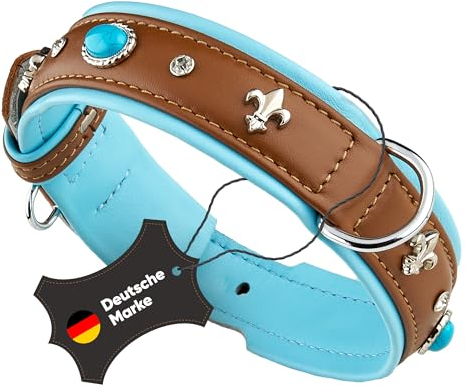 MICHUR Nizza Lagune Hundehalsband Leder, Lederhalsband Hund, Halsband, Braun Blau, Leder, mit Lilien, Strasssteinen und großem Kristall