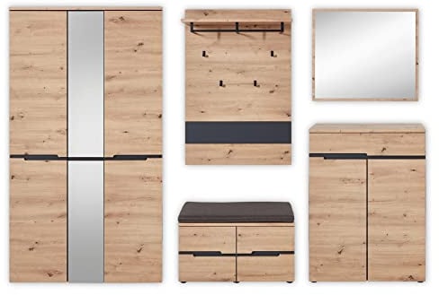 Stella Trading MEMPHIS Flurgarderoben Set in Artisan Eiche Optik, Graphit - Modernes Garderobenset 5-teilig für Ihren Eingangsbereich - 295 x 192 x 38 cm (B/H/T)