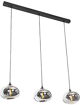 Qazqa - Art Deco Art Deco Hängelampe I Pendellampe I Pendelleuchte schwarz 3-flammig mit Rauchglas - Busa I Wohnzimmer I Schlafzimmer - Länglich - LED geeignet E27