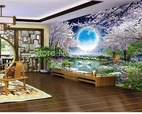 Wandtapete, Tapete mit Mond, Kirschblüte, Baum, Natur, Landschaft, Wandmalerei, Wohnzimmer, Schlafzimmer, Fototapete Heimdekoration