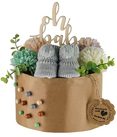 Öko Windeltorte ECO FRIENDLY aus Bio Windeln | Premium Geschenk zur Geburt | nahezu Plastikfrei* (S, stone)