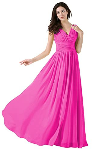 WTWVIAN Abito da sposa lungo da donna A-Line con scollo a V a terra in chiffon con volant, Fucsia, 42