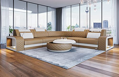 Ledersofa Foggia als L Form Ecksofa mit Beleuchtung Sofa Kopfstützen Couch mit USB Port (Sandbeige-Weiß)