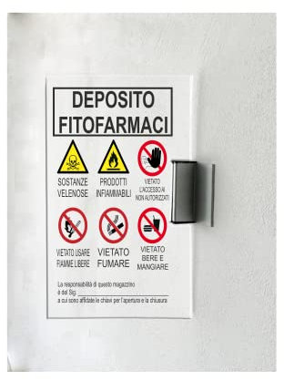 CARTELLO IN PLEXIGLASS A BANDIERA SEGNALETICO - deposito fitofarmaci - Con Supporto in alluminio & Stampa U.V. (15X21 CM)
